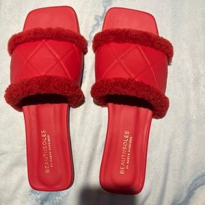 BEAUTIISOLES Mariah Genuine Shearling Slide Sandal in Red Nappa Leather